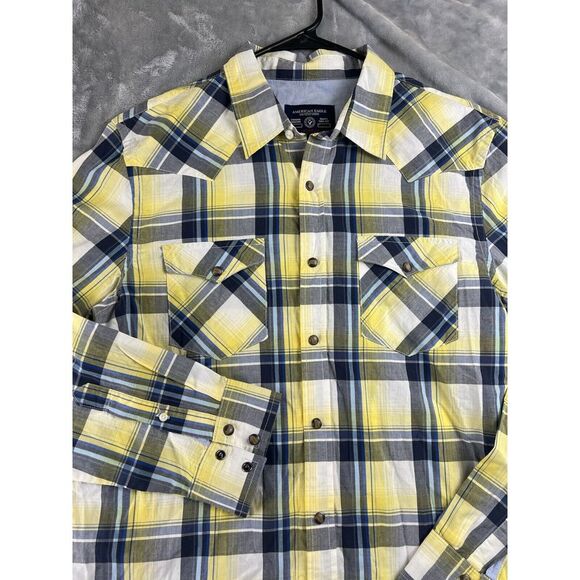 American Eagle Outfitters Other - American Eagle‎ Shirt Mens Large Yellow Madras Plaid Vintage Fit Pearl Snap